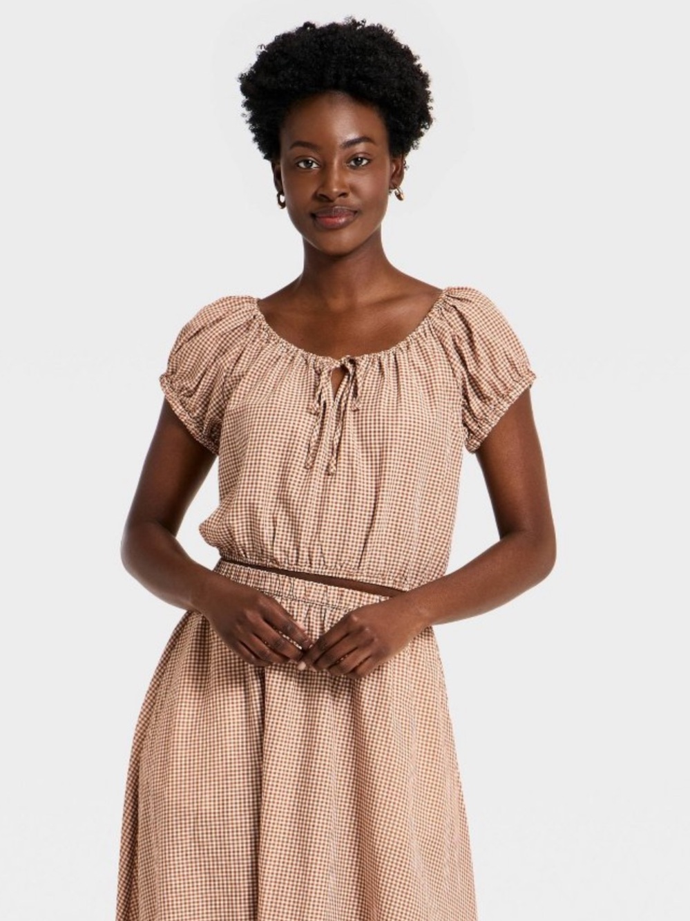 A New Day™ Women's Short Puff Sleeve Tie Top - Brown Gingham XS or L NWOT